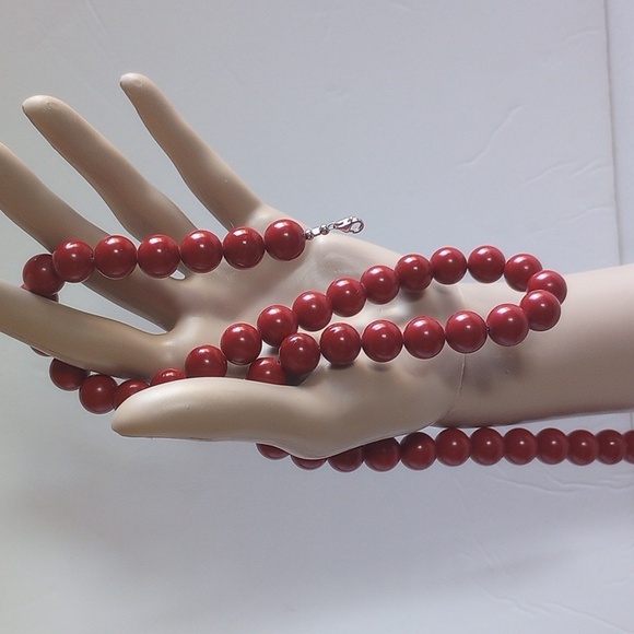 ATI DESIGNER STERLING SILVER 925 FAUX RED CORAL NECKLACE 22" PLUS 2.5" 12 MM DIA - Picture 7 of 7